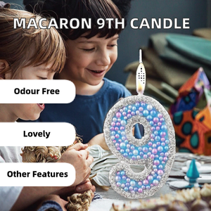 Décorations de gâteau Macaron pour 9ème anniversaire, bougies scintillantes inodores violettes et bleues numéro 9 pour fêtes de filles et de garçons, adorables bonbons - Product Image 2