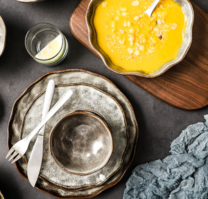 Juego de Vajilla Rústica de Gres, Platos y Tazones de Cerámica con Borde Irregular, Aptos para Microondas, Vajilla para Restaurante, Utensilios de Cocina de Cerámica - Product Image 3