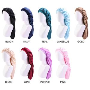 Bonnet de nuit en satin long bicolore personnalisé avec logo, bonnets turban pour la beauté des cheveux, avec bouton, vente en gros - Product Image 4