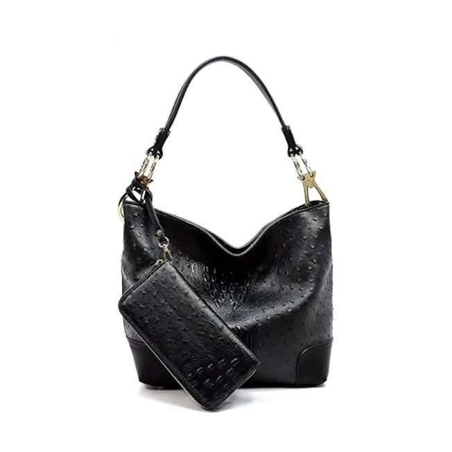 2pcs Set Ostrich Croco Embossed Vegan Faux Leather Hobo Shoulder Bag Classic Bucket Purse with Matching Wallet