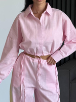 2025 ensemble deux pièces en lin rose chemise courte surdimensionnée et pantalon large avec rayures latérales ensemble pour femme