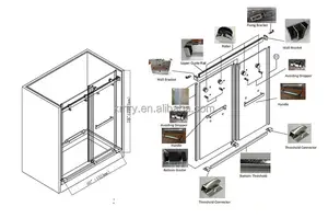 Salle de douche moderne sans cadre sur rail noir mat 2 panneaux à fermeture douce salle de bain porte de douche droite coulissante en verre
