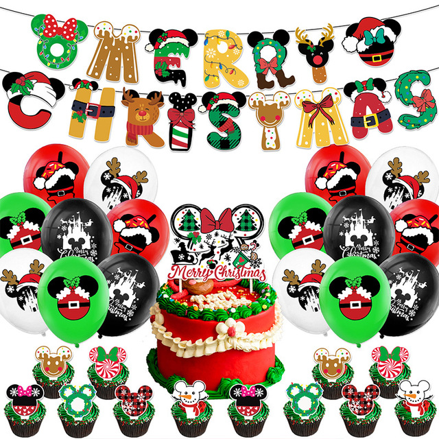 Christmas Style Cute Cartoon Mickey Theme Party Decoration Balloons Sets Birthday Party Banner Cake Topper Set Party Supplies