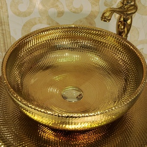 Luxury Golden Color Bathrooms Sink Porcelain Sinks Home Decoration Ceramic Gold Color Standing <strong>Vanity</strong> with <strong>Mirror</strong> - Product Image 4