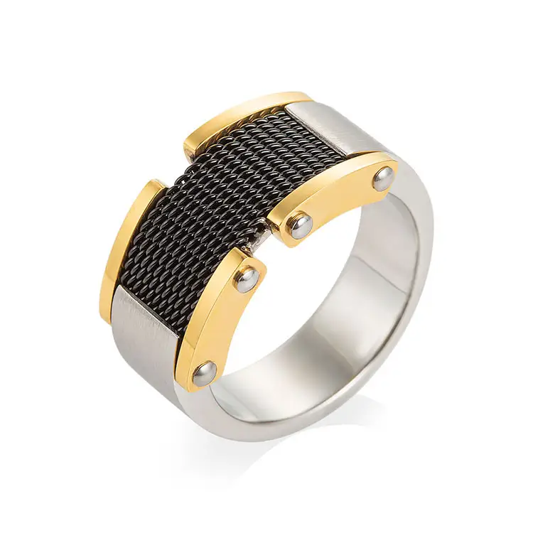 Anel de dedo banhado a ouro 18k, anel de malha de aço inoxidável, moda europeia e americana para homens