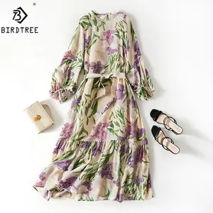 Birdtree Autumn 100%Pure Mulberry Silk Dress With Sash O Necks Flower Printing Elastic Waist Long Sleeve Beach Maxi D36305JM