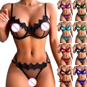 Iç çamaşırı erotik sutyen G-string setleri seksi ince örgü See Through kadın iç çamaşırı 2 parça dantel kadın seksi iç çamaşırı - Product Image 1