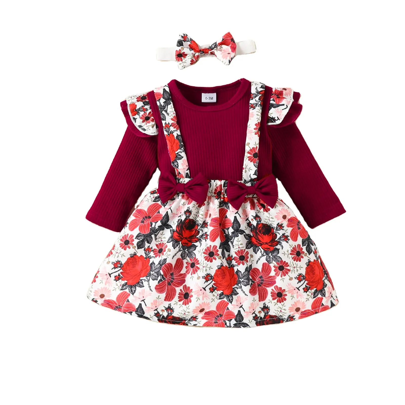बेबी गर्ल्स कपड़े नवजात रफ़ल लंबी आस्तीन टॉप 3 पीस आउटफिट फ्लोरल प्रिंट सस्पेंडर स्कर्ट कपड़े का सेट