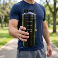 Bouteille de sport en acier inoxydable 304 à double compartiment, gobelet shaker 591+200 ml avec boîte à poudre et échelle de mesure