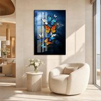 Peinture murale 3D en MDF avec papillons colorés modernes en cristal, cadre noir en verre trempé de luxe, salon, hôtels et restaurants