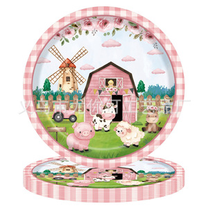 Ensemble de vaisselle jetable sur le thème de la ferme rose, nappes, assiettes, couverts, décorations de dessins animés d'animaux pour la fête d'anniversaire - Product Image 3