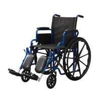 Fauteuil roulant manuel en acier thermolaqué bleu avec accoudoirs rabattables, revêtement en nylon, roues arrière en PU de 24 pouces et repose-jambes relevables