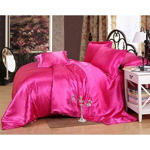 Ensemble de couette en satin rose bonbon 4 pièces Couleur unie Style classique Usage domestique - Product Image 4