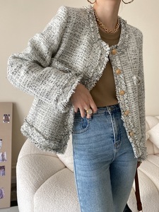 2023 New Fashion <strong>Grey</strong> Melange Tweed <strong>Blazer</strong> Top for <strong>Women</strong> Elegan Young Ladies' Breathable Jackets - Product Image 3
