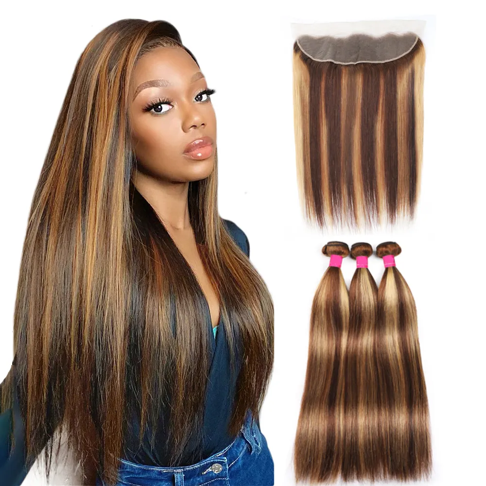 Wholesale Brazilian Straight Human Hair Bundles Cheap Highlight Colored Remy Cuticle Aligned Human Hair Weave Bundles Extensions