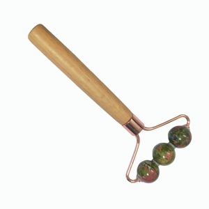 3-Round Bead Green Stone Facial Roller - Solid Wooden Handled <b>Massager</b> with Rose Gold Bracket Unique Contour <b>Tool</b> for Skincare - Product Image 6