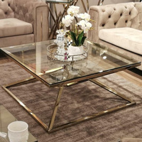 Table à thé rectangulaire transparente à cadre simple en acier inoxydable Table basse carrée en verre
