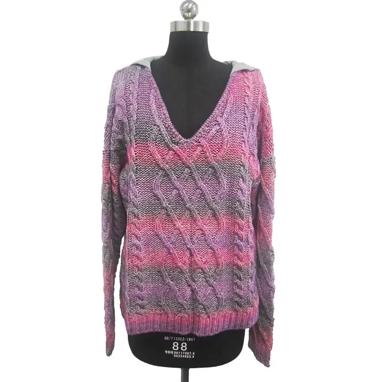 Wool Blend Hoodie Cable Knit Crochet V Neck Knitted Winter Women's Pullover Tops Sweater