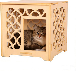 Maison pour chat en bois massif sculpté à la main, style vintage, creuse et en forme de cube, abri intérieur pour chatons et petits chats, couleur bois naturel - Product Image 1