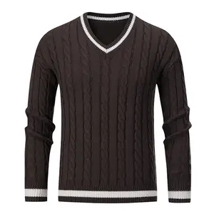 Soiling Fall Winter Long Sleeve Casual Jacquard Pullover V Neck Jumper Men Color Blocking Custom Knit Sweater