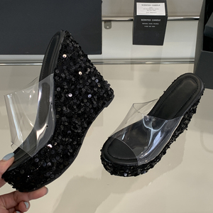 Prix d'usine Nouveauté 2025 Mode estivale Sandales à nœud brillantes en PVC, style mule à talon compensé, ultra-hautes, plateforme imperméable - Product Image 6