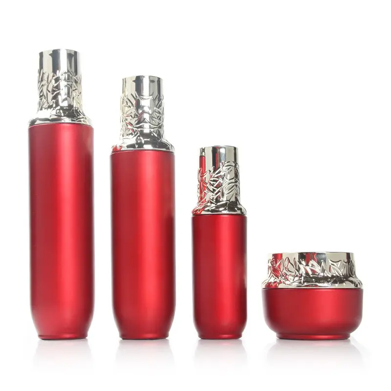 Luxury Red Glass Cosmetic Glass Bottle cream jar Set for Skincare Packaging