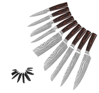 Ensemble de couteaux de chef professionnels en acier inoxydable à motif Damas laser, 8 pièces, manches en résine, aiguiseur manuel, 8 pouces, pour cuisine