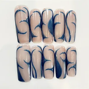 Uñas postizas desnudas cuadradas creativas Punk con diseño de patrón de línea azul oscuro cubierta completa prensa de alta calidad en las uñas