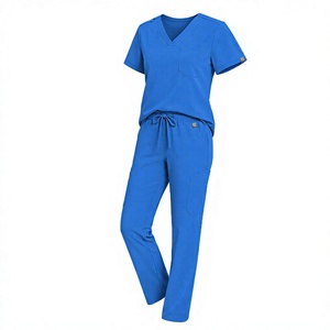 Unisex V-Neck <b>Scrub</b> <b>Top</b> Short Sleeve Blue Cotton Polyester OEM Hospital Uniform Needle Detection <b>Scrub</b> Sets - Product Image 2