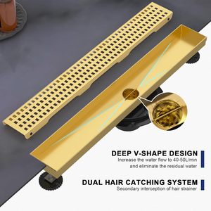 Drain de douche linéaire moderne en acier inoxydable AISI 304 de 24 pouces, finition or brossé, grille amovible, <span class=keywords><strong>pieds</strong></span> réglables, rectangulaire pour sol - Product Image 4