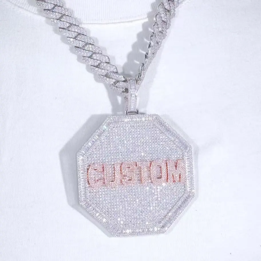 Iced Out Bling CZ Lab Diamant Namensschild Anhänger Schmuck Custom ized Big Size Octagon Disk Anhänger Halskette