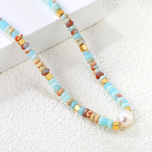 Collier en pierres multicolores, chaîne de clavicule en perles bleu clair pour femmes, bijoux cadeau - Product Image 2