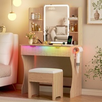 Coiffeuse de chambre moderne en chêne avec miroir LED, prise de courant, 3 modes d'éclairage, luminosité réglable, ensemble de table de maquillage avec rangement