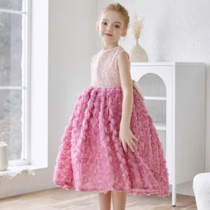 Summer Wedding Party Flower Girls Party Sleeveless Children Formal Special Occasion Sequins Bodice Pink Princess Kids Dresses