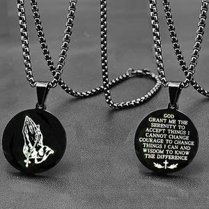 新设计宁静祈祷基督教珠宝时尚男女通用不锈钢圆形黑色吊坠项链圣经诗歌项链 - Product Image 2