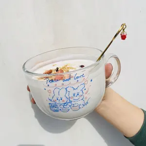 Simple couche grande capacité verre trempé Transparent petit déjeuner de tasse avec cuillère verre coeur de fille