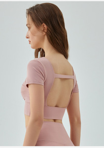 Wholesale Women's Square Neck Cut Out Back Yoga Crop Top Built-in <b>Bra</b> Short Sleeve Workout T Shirt Slim Fit Pilates Activewear - Product Image 5