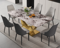 Ensemble de table à manger moderne en marbre italien de luxe ModHomi, base en acier inoxydable doré, 4, 6 ou 8 places, plateau rectangulaire en pierre frittée