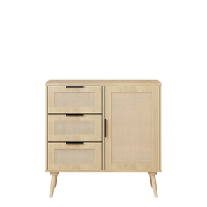 Commode moderne en rotin et bois, 3 tiroirs, 1 porte, rangement pour chambre à coucher et salon - Product Image 1