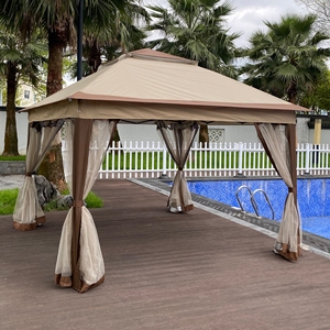 Gazebo d'extérieur 11x11 pieds avec toit à double niveau, structure métallique robuste, abri d'ombrage pour patio, jardin, fête ou repas en plein air - Product Image 6