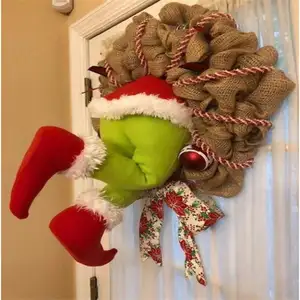 Vente en gros Couronne de peluche de Noël, étole de voleur de Noël Pieds en peluche en toile de jute pour décorations de porte d'entrée de Noël/