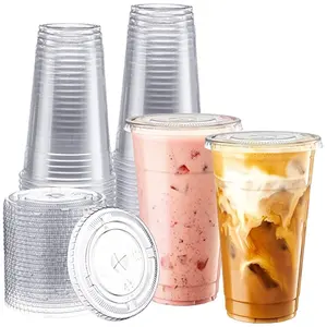 Clear 8oz 9oz 12oz 16oz 20oz Custom Bubble Tea To Go Cup Printed Smoothies Cold Coffee Drinking Plastic Pet Pp Cup With Flat Lid