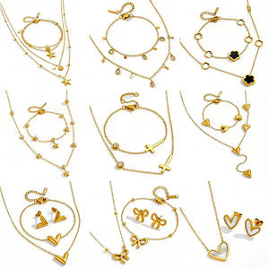 סט תכשיטים מנירוסטה MW, עמיד בפני כתמים, בצורת לב, פרח, צלב, צדף, כוכב, עגילים, שרשרת פרפר, צמיד, סט תכשיטים משובץ זירקון - Product Image 1