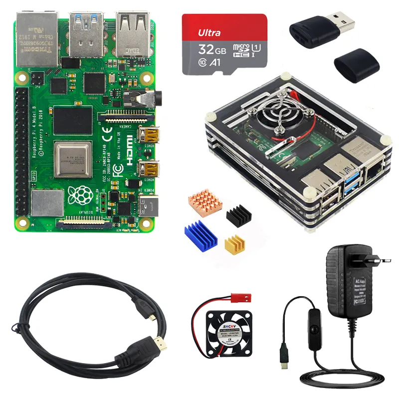 Orijinal Raspberry Pi 4 modeli B 2 4 8GB RAM isteğe bağlı 9 katmanlı akrilik durumda 32 GB TF kart anahtarı güç adaptörü Fan soğutucu