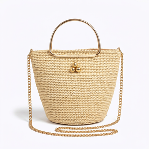Stylish Round Bottom Raffia Woven Straw Bucket <b>Handbag</b> with Zipper Closure Two Straps & <b>Chain</b> Strap for Beach Vacation Daily Use - Product Image 1
