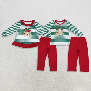 เด็กผู้หญิง เสื้อปักลายสุนัข กางเกงสีแดง ชุดเสื้อผ้าคริสต์มาส - Product Image 2