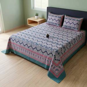 Parure de lit en coton élégante, drap imprimé délavé avec taies d'oreiller, motif vert traditionnel, pour usage domestique - Product Image 5