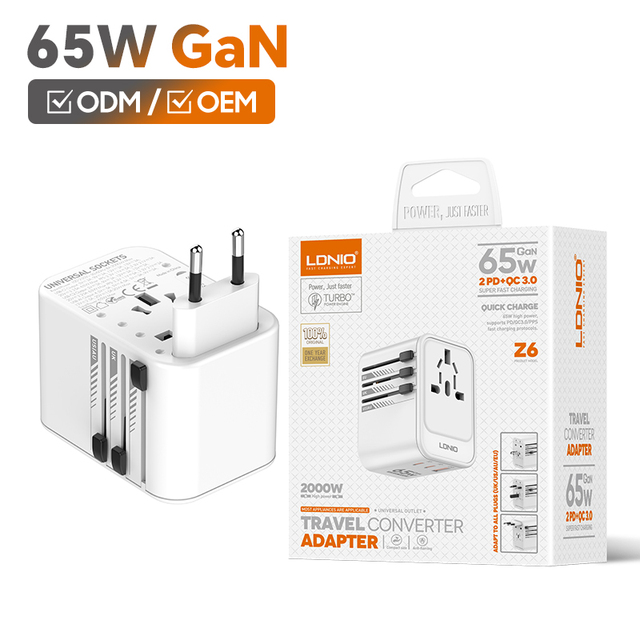 LDNIO Z6 Universal GaN International Electrical Usb Charger Travel Adaptor Plug Socket Universal Travel Adapter with Type-C