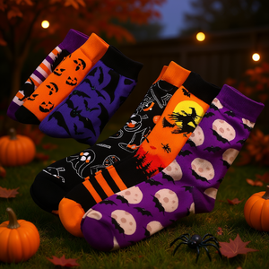 Chaussettes d'Halloween en coton pour enfants, hommes et femmes, motif citrouille et chauve-souris, pour fêtes, mignonnes et amusantes, toutes saisons, accessoires imprimés - Product Image 2