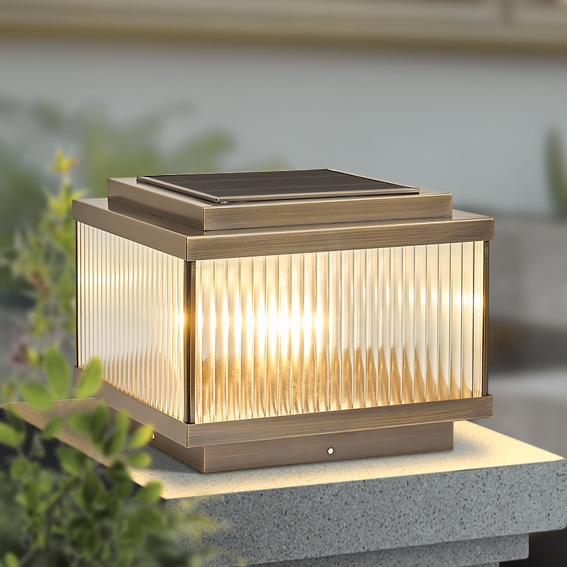 All Copper Modern European Style LED Solar Column Head Light Warm White IP65 Waterproof Outdoor Villa Gate Garden Courtyard Wall